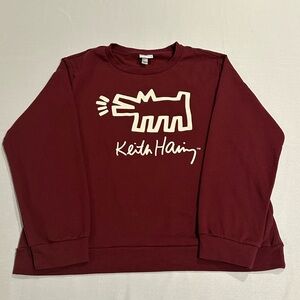 Keith Haring Dog Art Sweatshirt Maroon Crewneck Long Sleeve Pullover Women's XL